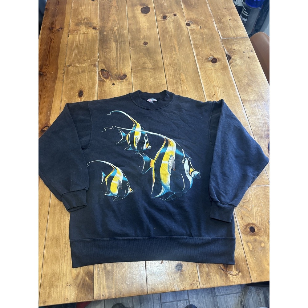 Vintage 90s JERZEES Black Moorish Idol Fish Graphic Sweatshirt Men's Size L